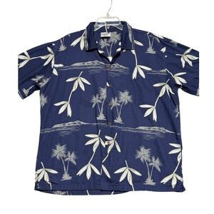 Paradise Style Hawaii Mens XL Navy Blue Cotton Tropical‎ Palm Tree Aloha Shirt